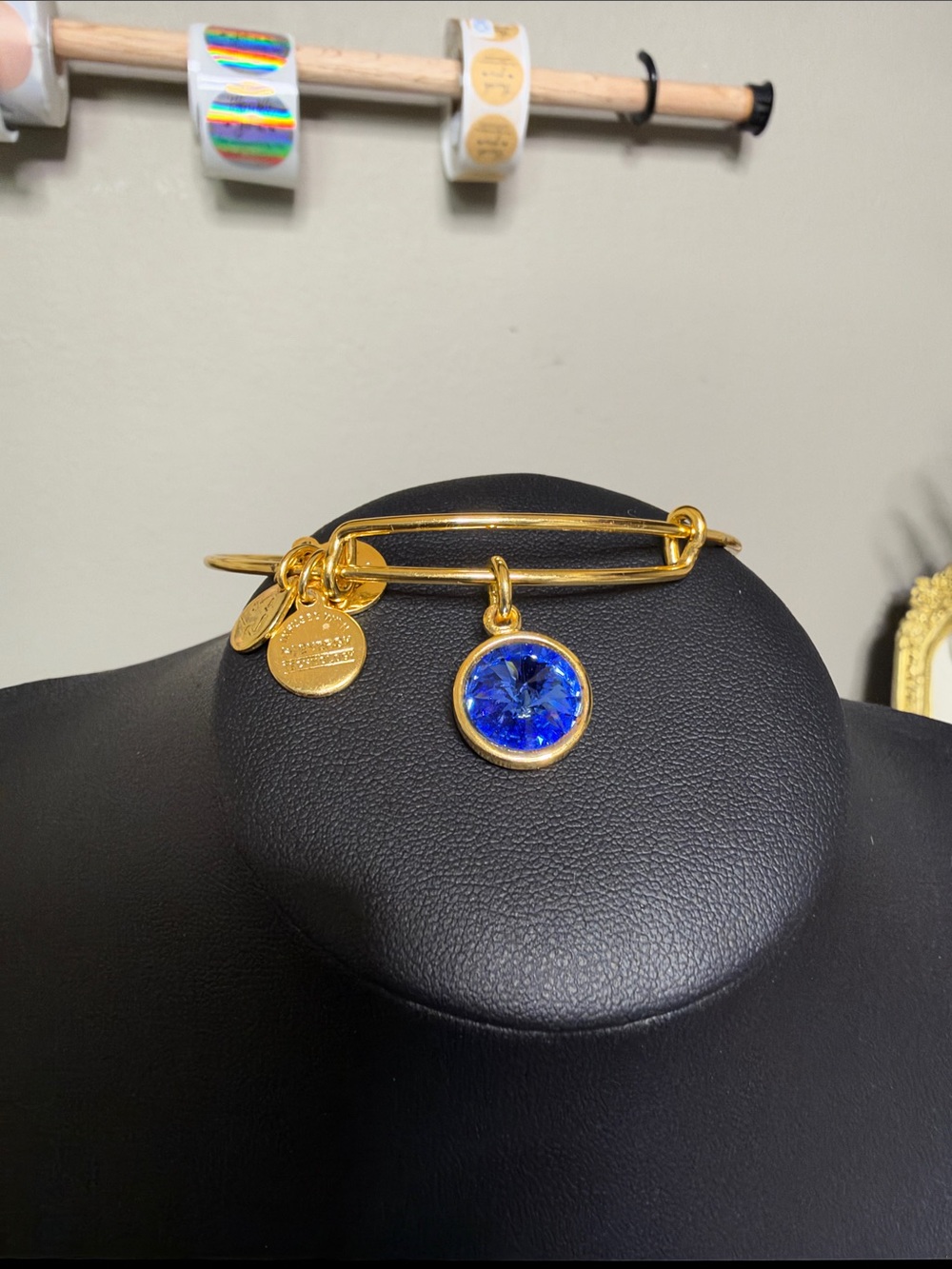 Alex and Ani Gold Bangle with Royal Blue Crystal Charm
